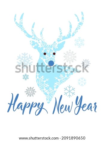 Cute buck deer stag reindeer head silhouette drawing illustration with antlers,blue nose.Snowflakes pattern background texture.Happy New Year calligraphy.Merry Christmas lettering.Cricut.Plotter Cut
