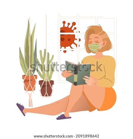 Woman wearing protective face mask reading book. Home quarantine, compelled Isolation due to Covid 19 Pandemic vector illustration