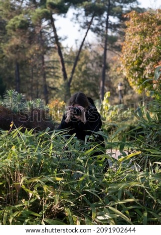Camouflage wildlife photographer. A woman is hiding while taking photos in nature. Unrecognizable person.	
