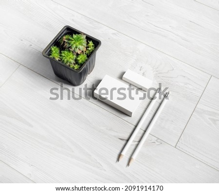 Blank stationery set and succulent plant on light wooden background.