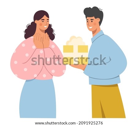 Young man giving a gift to his girlfriend or friend. Couple in love. Concept for Birthday, Valentine's Day or Holidays. Flat vector illustration on white background. Royalty-Free Stock Photo #2091925276