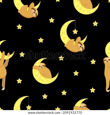 Seamless pattern. Baby sloth hanging on a yellow crescent. Moon and stars. Black background. Cute and funny. Cartoon style. Kids bedroom interior. For post card, wallpaper, textile and wrapping paper