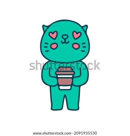 Alien cat with coffee cup. illustration for t shirt, poster, logo, sticker, or apparel merchandise.