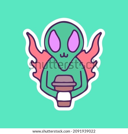 Alien on fire holding coffee cup. illustration for t shirt, poster, logo, sticker, or apparel merchandise.