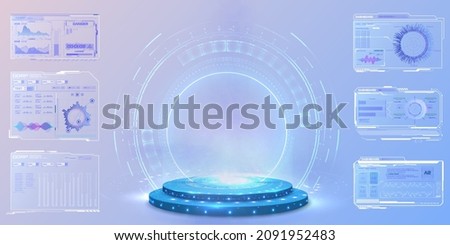Abstract blue light effect background. Futuristic lab with 3D circle and HUD elements interface. Blank Hologram for show your product. Circle technology portal. Vector illustration Royalty-Free Stock Photo #2091952483