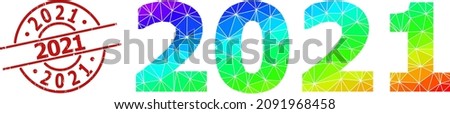 2021 textured stamp print and low-poly rainbow colored 2021 year digits icon with gradient. Red stamp seal contains 2021 title inside round and lines form.
