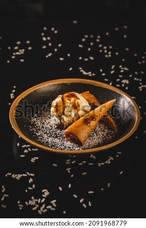 Perfect Sushi Japanese Asian Seafood Food Dish Drink Cocktail Dessert Menu Gourmet Restaurant Chef on Dark Background Royalty-Free Stock Photo #2091968779