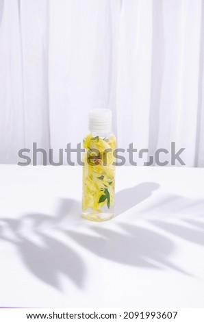 Cosmetic bottle with plants inside. Minimal concept.