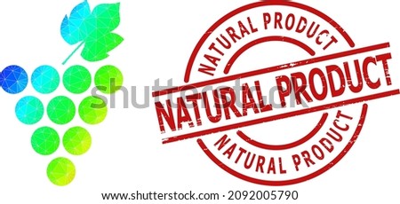 Natural Product unclean stamp print and lowpoly spectral colored grapes bunch icon with gradient. Red stamp seal includes Natural Product title inside circle and lines template.