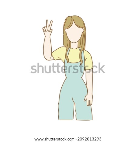 Young smiling happy woman showing victory sign concept. Trendy female standing showing success and peace gesture. Isolated flat vector illustration on white background
