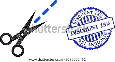 Vector crossing mesh scissors line carcass, and Discount 15 percent blue rosette corroded stamp seal. Hatched carcass net symbol created from scissors line icon, is created from intersected lines.