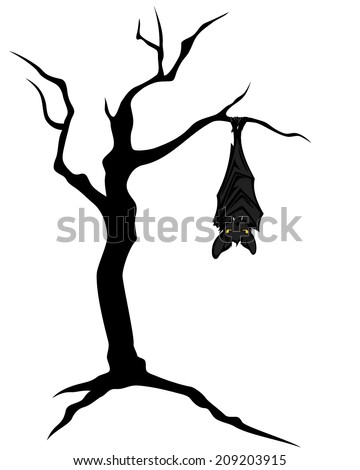 Halloween theme bat hanging on creepy twisted bare tree vector character