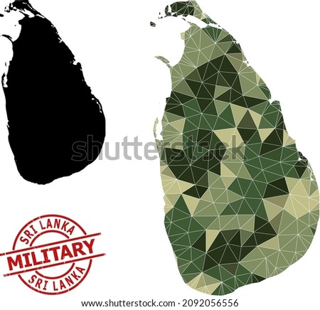 Low-Poly mosaic map of Sri Lanka, and rubber military rubber seal. Low-poly map of Sri Lanka is combined with randomized camo colored triangles.