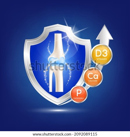 label aluminum healthy bone human bone anatomy. Vitamin D3 and Calcium, Phosphorus. Foods vitamins minerals logo products template design. Medical food supplement concepts. 3D Realistic Vector EPS10. Royalty-Free Stock Photo #2092089115