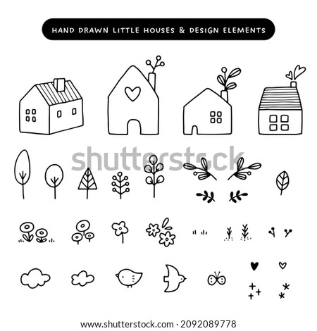 Collection of hand drawn little houses, trees, flowers, birds, and small design elements. Doodle style vector illustrations.