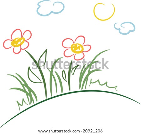 Simple colorful illustration of flowers on a hill (vector)