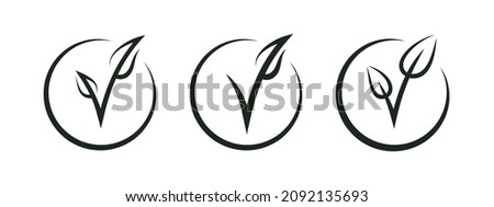Vegan label with check mark as sprout with leaf. Vegan symbol. Organic, eco product label. Natural, healthy food icon. Vegetarian food symbol. Vector illustration Royalty-Free Stock Photo #2092135693
