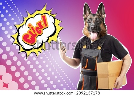 One-click delivery.  Surreal collage. Deliveryman with the head of a dog. A shepherd dog with a human body holds a parcel. Large inscription Click! Dog as a symbol of a friendly courier.