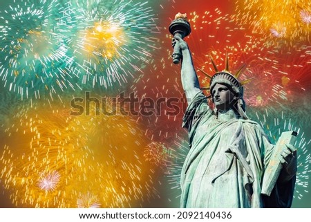 Statue of Liberty in New York City and fireworks. Statue of Liberty over the Multicolor Fireworks. 4th of July and Independence day celebration. American holidays. Independence day in USA celebration 