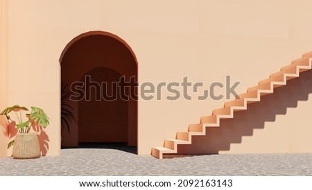 Minimalistic, arch and staircase  with plant. 3d rendering