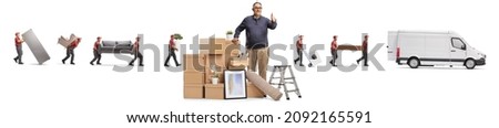Mature man with a pile of cardboard boxes showing thumbs up and workers from a removal company with a van isolated on white background
