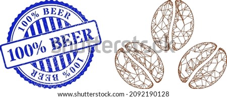 Vector crossing mesh cacao beans frame, and 100 percents Beer blue round grunge stamp. Linear frame net image designed with cacao beans icon, generated with crossed lines.