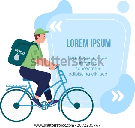 Eco delivery on bike quote box with flat character. Sustainable service. Speech bubble with cartoon illustration. Colourful quotation isolated on white background. Bebas Neue, Quicksand fonts used