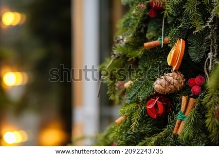 Beautiful eco friendly organic decor with dried red orange and berries, cinnamon on Christmas tree.Green branch coniferous tree with cone for Advent holiday.Merry Christmas!Happy New Year!Copy Space