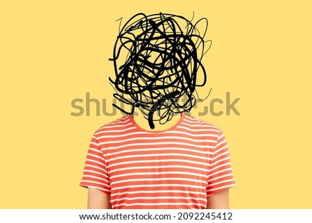 Frustrated man with nervous problem feel anxiety and confusion of thoughts. Mental disorder and chaos in consciousness. Indoor studio shot isolated on yellow background Royalty-Free Stock Photo #2092245412
