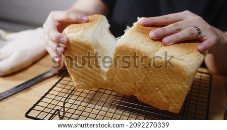 Woman hands breaking Fresh homemade Baked Japanese Soft and Fluffy Bun loaf of Bread or shokupan bread, Popular as Hokkaido Milk Bread at home kitchen	
 Royalty-Free Stock Photo #2092270339