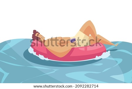 Beach composition with water surface and man lying on inflatable ring with cup of drink vector illustration