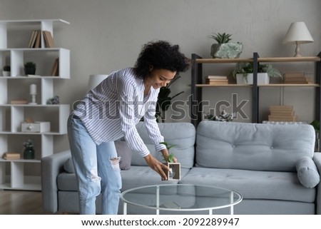 Happy African American woman taking care about green house plant in cozy modern living room at home, smiling young female satisfied tenant homeowner decorating own apartment, interior design concept Royalty-Free Stock Photo #2092289947