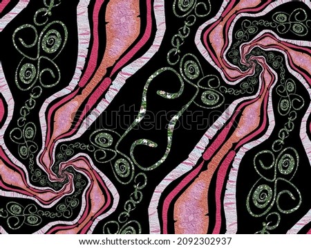 A hand drawing pattern made of pink tones with white on a black background white glitter 