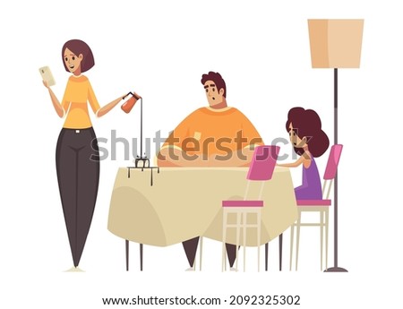 Gadget addiction composition with view of family breakfast and woman with smartphone spilling coffee over vector illustration