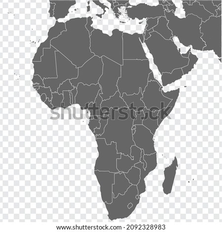 Map Africa and Western Asia vector. Gray similar Africa map blank vector on transparent background.  Gray similar Western Asia map with borders of all countries and Turkey, Israel, Azerbaijan. EPS10.