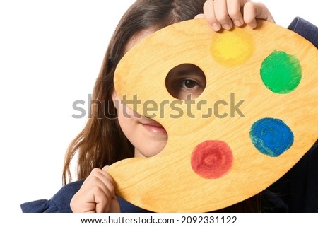 Cute little painter with palette on white background