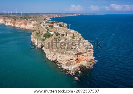 Drone photo of tip of Cape Kaliakra on the Black Sea shore in Bulgaria