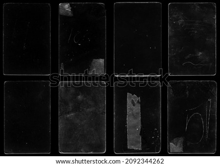 Set of empty old damaged paper cardboard photo card. Rough Grunge Shabby Scratched Torn Ripped Texture. Distressed overlay surface for collage. High quality. 