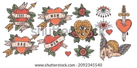 old school tattoo illustration vector set. hand drawn valentine heart illustrations, angel, pierced heart, mom heart tattoo, dad heart tattoo, amor, love  traditional tattoo style Royalty-Free Stock Photo #2092345540