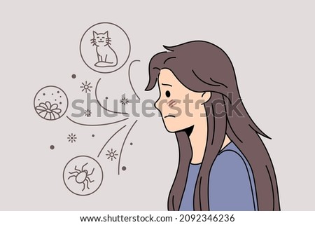 Allergy and being allergic concept. Sad woman with allergy thinking of cats blooming flowers and insects feeling disappointed vector illustration  Royalty-Free Stock Photo #2092346236