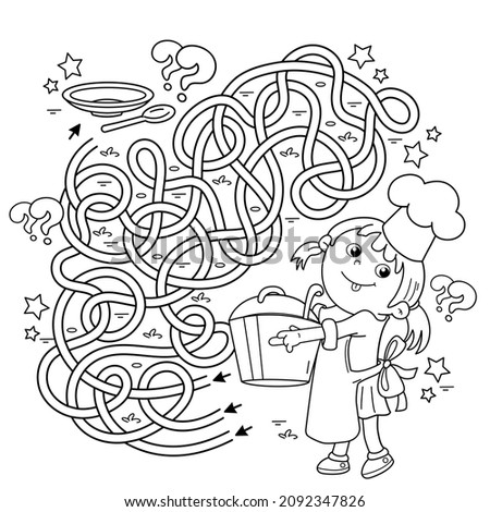 Maze or Labyrinth Game. Puzzle. Tangled road. Coloring Page Outline Of cartoon girl chef with large pot. Little cook or scullion. Profession. Coloring book for kids. Royalty-Free Stock Photo #2092347826