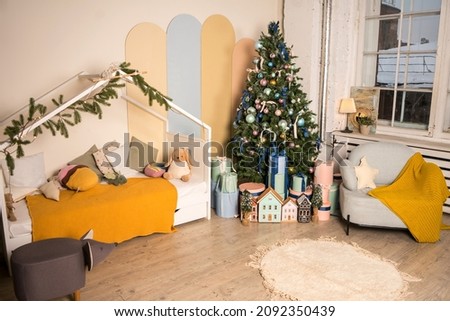 Christmas interior children's room, bedroom, nursery. Wooden shelves and toys. . High quality photo