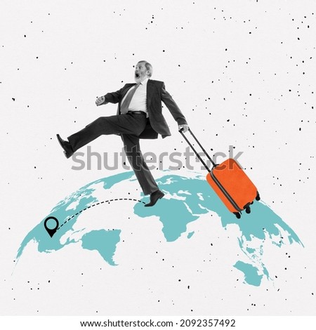 Miss the flight. Shocked bearded senior man, business man in suit going with suitcase through drawn globe. Concept of adventure, travel, migration and vacations. Idea, imagination, aspiration