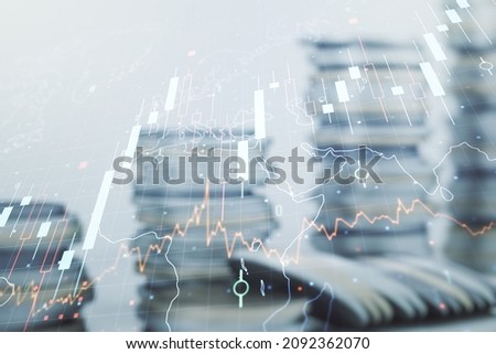 Multi exposure of abstract financial diagram and world map on growing coins stacks background, banking and accounting concept
