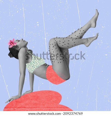Modern stereotypes. Contemporary art collage. Surreal artwork with slim beautiful girl with hairy legs isolated over abstract background. Concept of depilation, epilation, female problems, acceptance