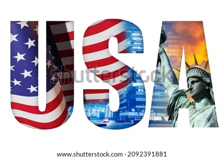 USA logo. USA letters in colors of American flag. Symbols of America on white background. Statue of Liberty inside American logo. USA emblem for Independence Day. United States Patriotic Design Royalty-Free Stock Photo #2092391881