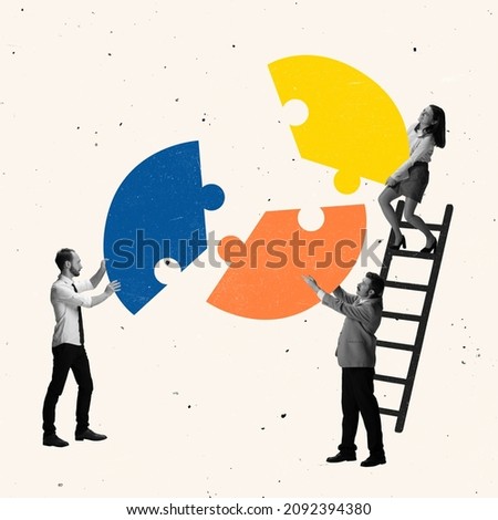 Contemporary art collage of people, employee making, connecting puzzles symbolizing work statistics. Concept of team work, business, analytics, statistics, professional growth. Copy space or ad