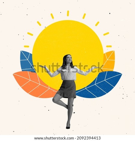 Contemporary art collage of young woman standing in yoga pose, meditating. Refreshing mind, feelings. Concept of new start, ideas, inspiration, meditation, awareness, calm. Copy space for ad Royalty-Free Stock Photo #2092394413