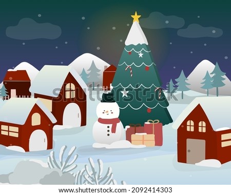 The scene of a house in a pine grove is snowing and there is a Christmas tree with Snowman. Snow fall in a scenery. Artwork for Greeting card, banner, poster and website