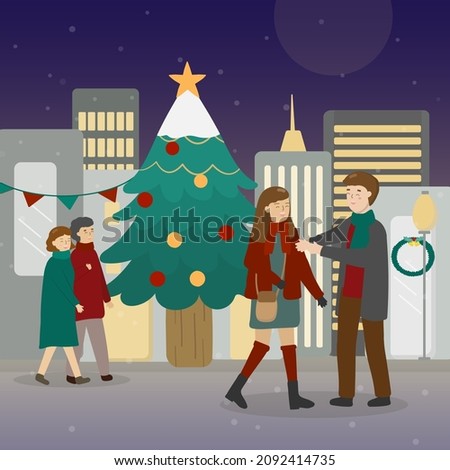 Christmas lights in the big city A big Christmas tree and people walking around Young people meet in a beautiful and happy atmosphere. Christmas greeting card, banner, poster with people  at festival